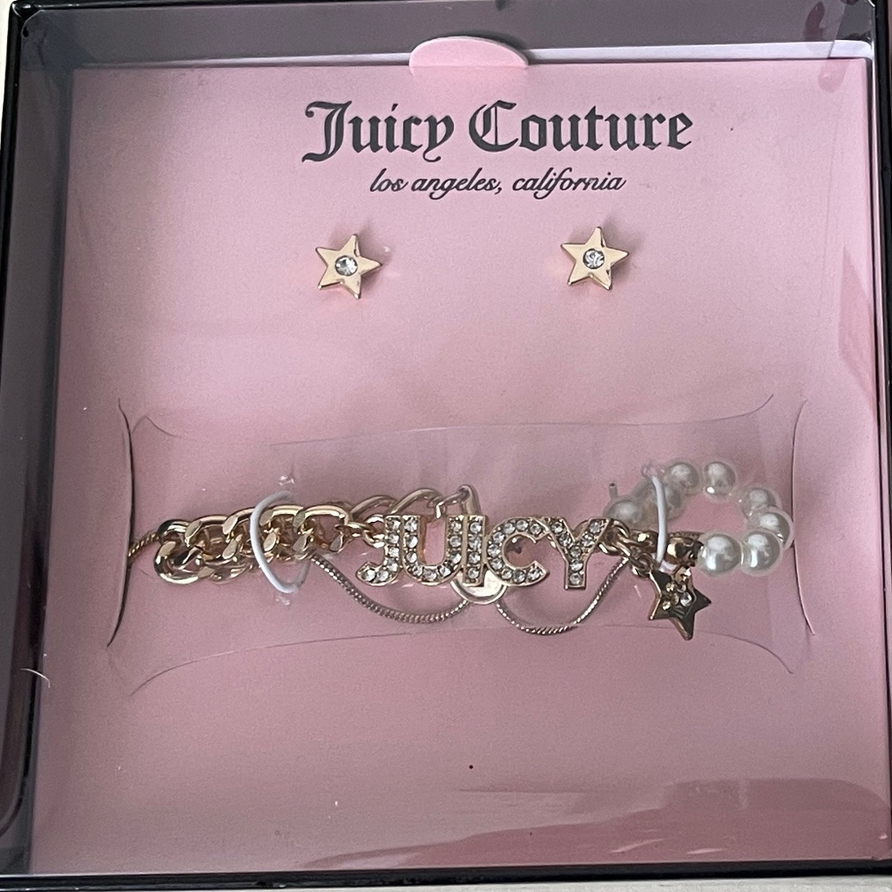 Juicy Couture rhinestone star stud earrings, faux pearl, rhinestone bracelet